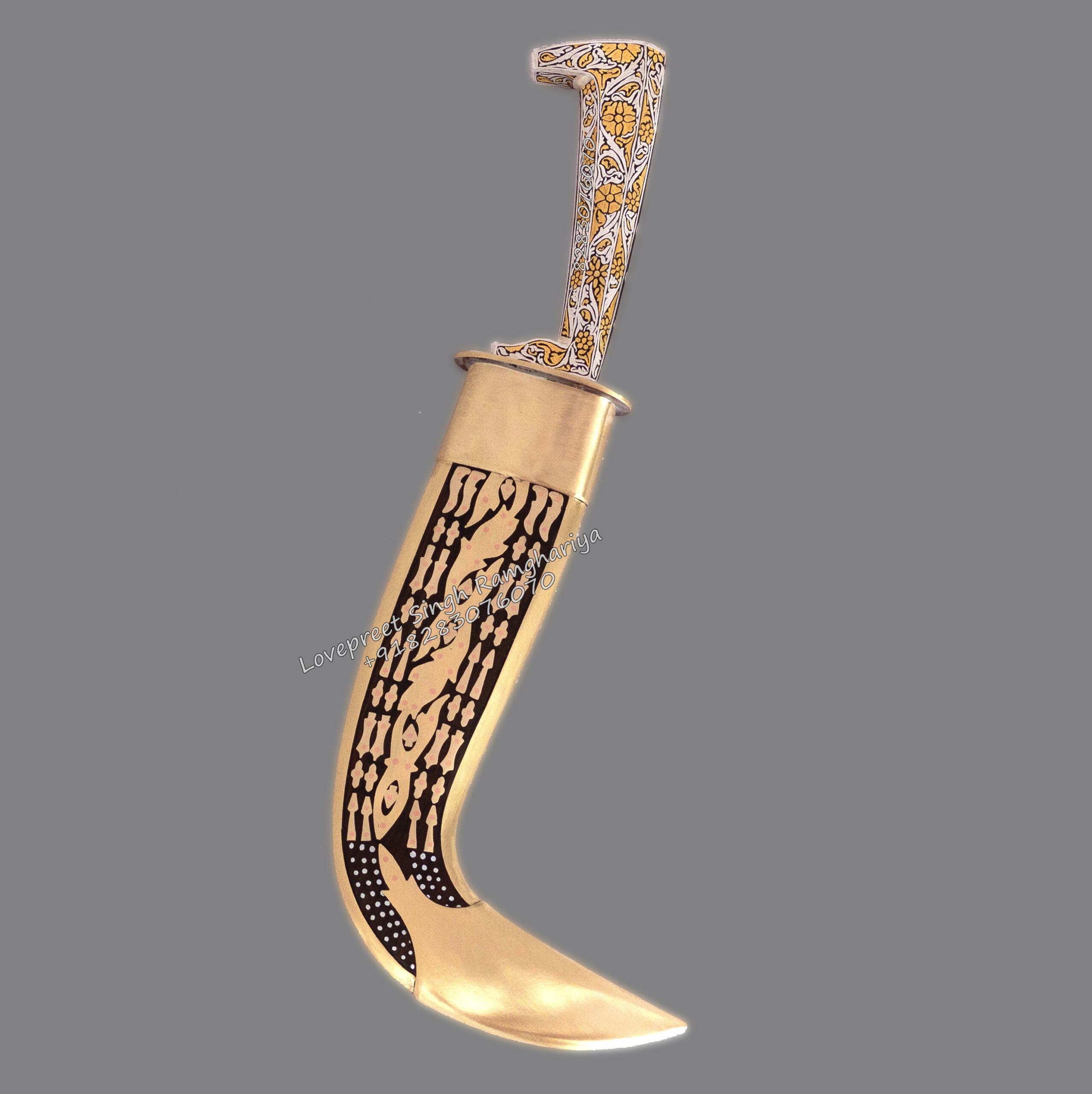 10 inch Taksali Kirpan Double Line Brass case ganga jamuna koftgiri on blade hilt 10 inch Taksali Kirpan Double Line Brass case ganga jamuna koftgiri on blade hilt